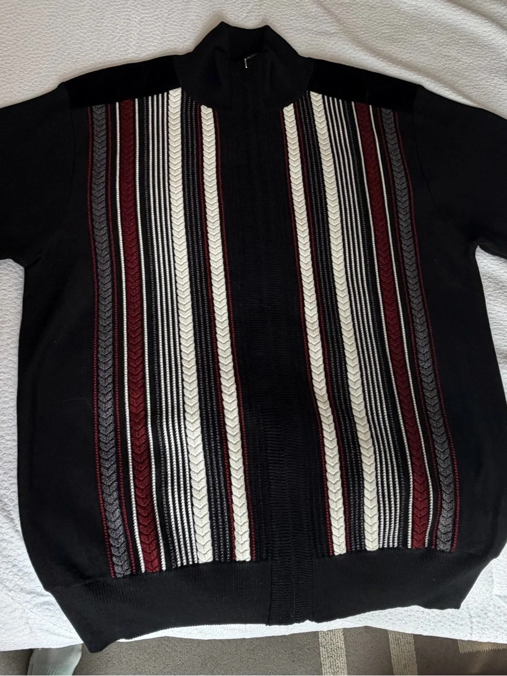 Michael Irvin 88 Men's Zip-Up Sweater- Black with Burgundy & White Stripes